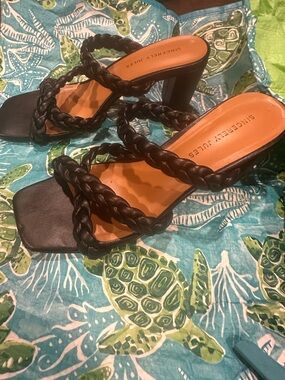 Sincerly Jules Black Braided-Strap Block Heel Sandals